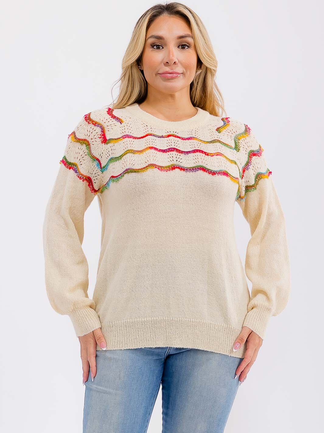 PLUS SIZE LONG SLEEVE COLORBLOCK STRIPES BACK TIE PULLOVER SWEATER