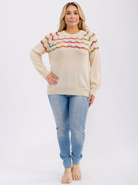 PLUS SIZE LONG SLEEVE COLORBLOCK STRIPES BACK TIE PULLOVER SWEATER