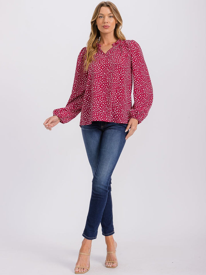 WOMEN'S LONG SLEEVE V-NECK POLKA DOTS TUNIC BLOUSE