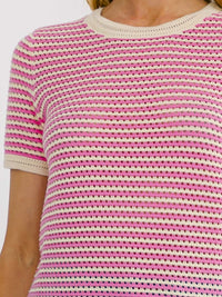 WOMEN'S SHORT SLEEVE COLORBLOCK STRIPES KNIT TOP