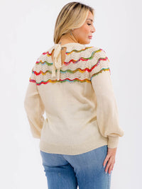 PLUS SIZE LONG SLEEVE COLORBLOCK STRIPES BACK TIE PULLOVER SWEATER