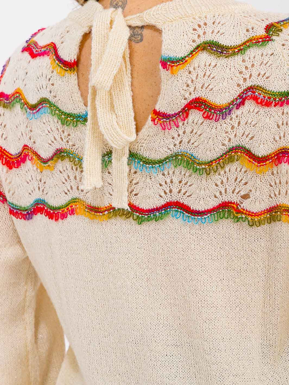 PLUS SIZE LONG SLEEVE COLORBLOCK STRIPES BACK TIE PULLOVER SWEATER