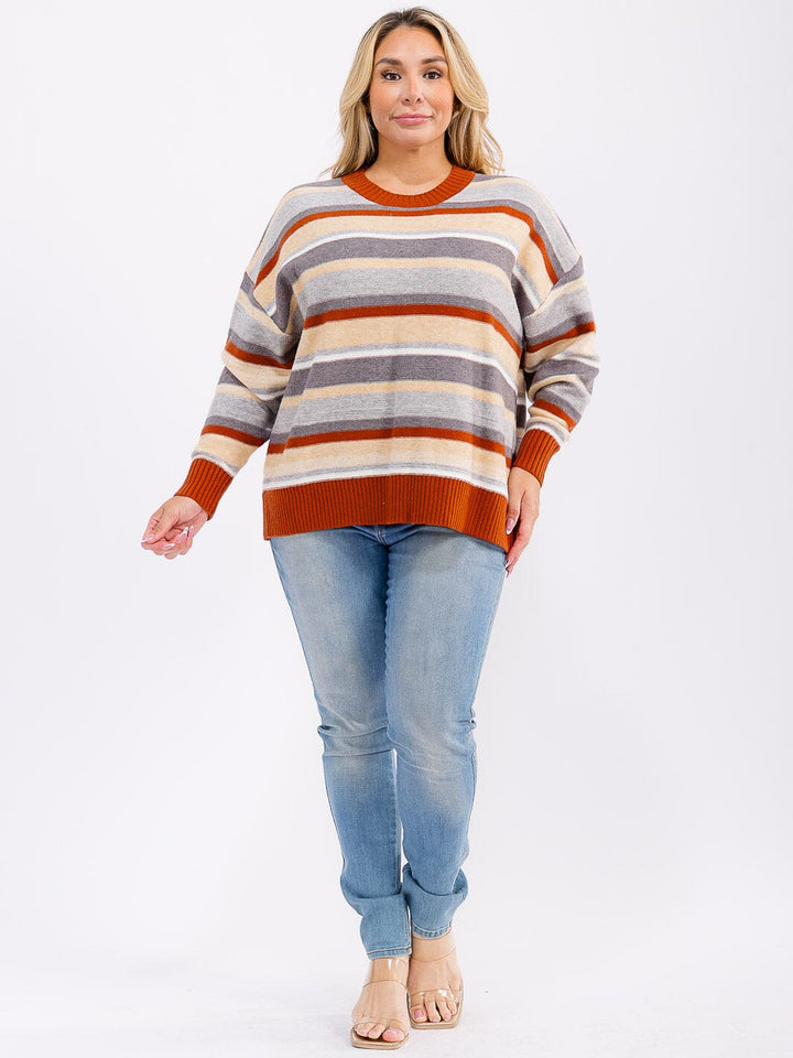 PLUS SIZE LONG SLEEVE COLORBLOCK STRIPES PULLOVER KNIT SWEATER