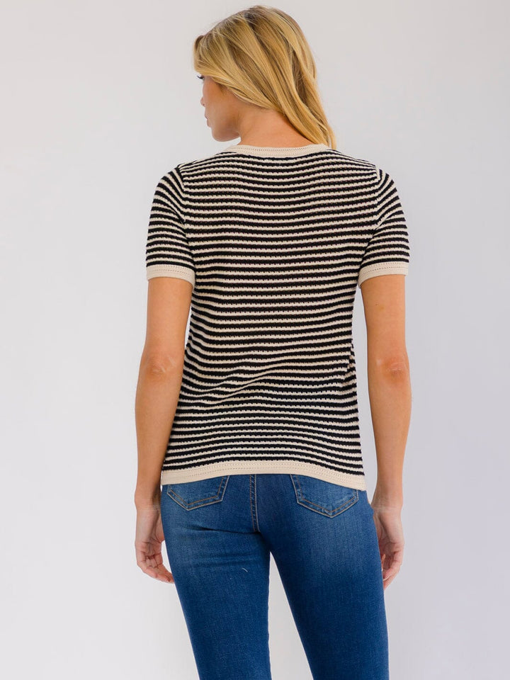 WOMEN'S SHORT SLEEVE COLORBLOCK STRIPES KNIT TOP