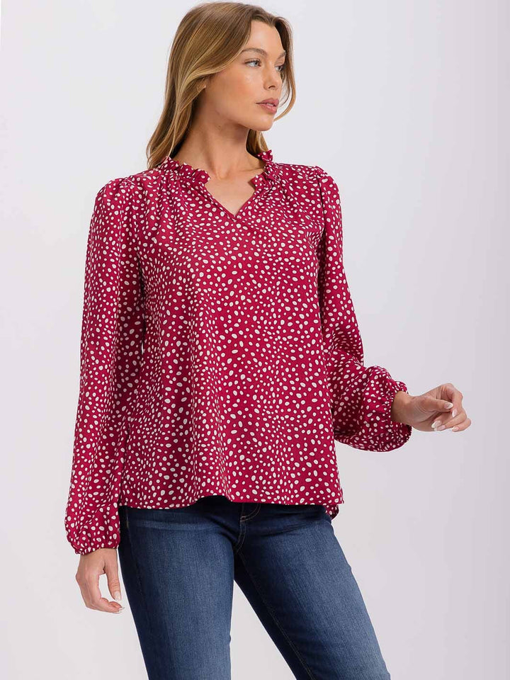 WOMEN'S LONG SLEEVE V-NECK POLKA DOTS TUNIC BLOUSE