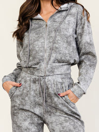 WOMEN'S LONG SLEEVE HOODED ZIP UP SWEATER & ELASTIC WAIST JOGGER LEG PANTS TIE DYE RHINESTONES DETAILED 2PC. SET