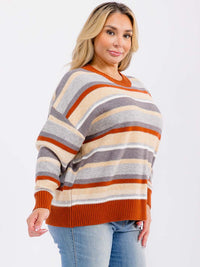 PLUS SIZE LONG SLEEVE COLORBLOCK STRIPES PULLOVER KNIT SWEATER