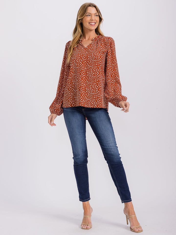 WOMEN'S LONG SLEEVE V-NECK POLKA DOTS TUNIC BLOUSE