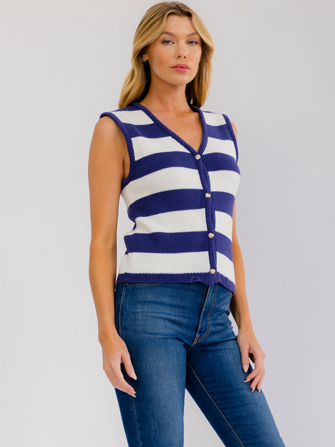 WOMEN'S SLEEVELESS V-NECK BUTTON UP COLORBLOCK STRIPES KNIT TOP