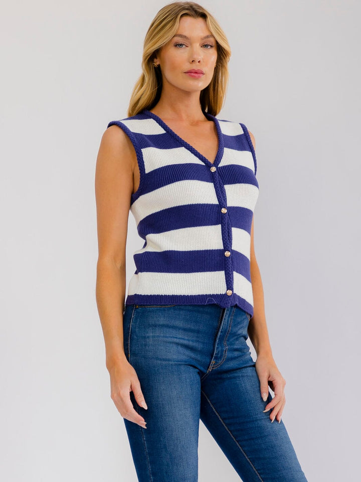 WOMEN'S SLEEVELESS V-NECK BUTTON UP COLORBLOCK STRIPES KNIT TOP
