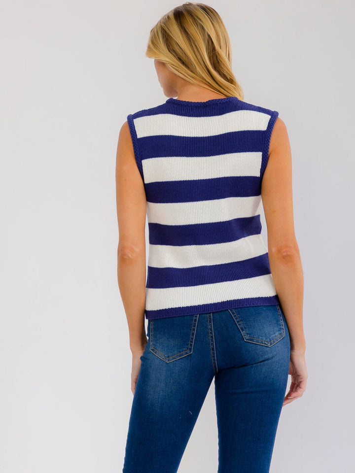 WOMEN'S SLEEVELESS V-NECK BUTTON UP COLORBLOCK STRIPES KNIT TOP