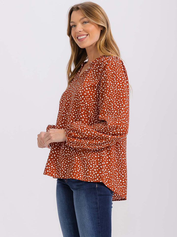 WOMEN'S LONG SLEEVE V-NECK POLKA DOTS TUNIC BLOUSE
