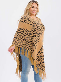 PLUS SIZE LONG SLEEVE V-NECK ANIMAL PRINT PULLOVER PONCHO