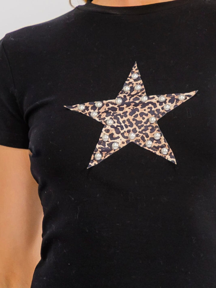 WOMEN'S SHORT SLEEVE STAR DETAILED BASIC TOP