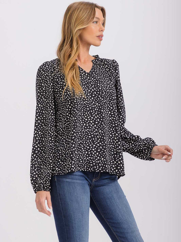 WOMEN'S LONG SLEEVE V-NECK POLKA DOTS TUNIC BLOUSE