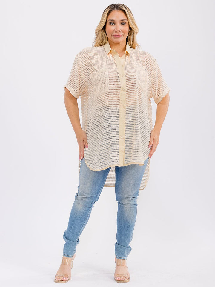 PLUS SIZE SHORT SLEEVE BUTTON UP FRONT POCKET HIGH-LOW LOOSE FIT TOP