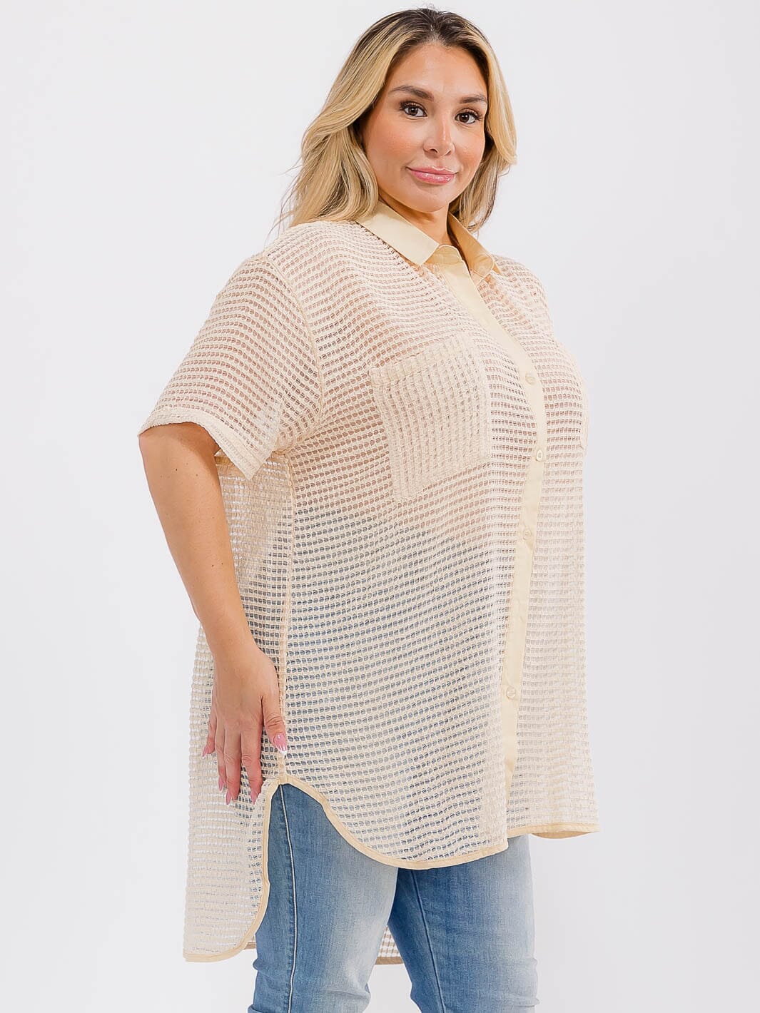 PLUS SIZE SHORT SLEEVE BUTTON UP FRONT POCKET HIGH-LOW LOOSE FIT TOP