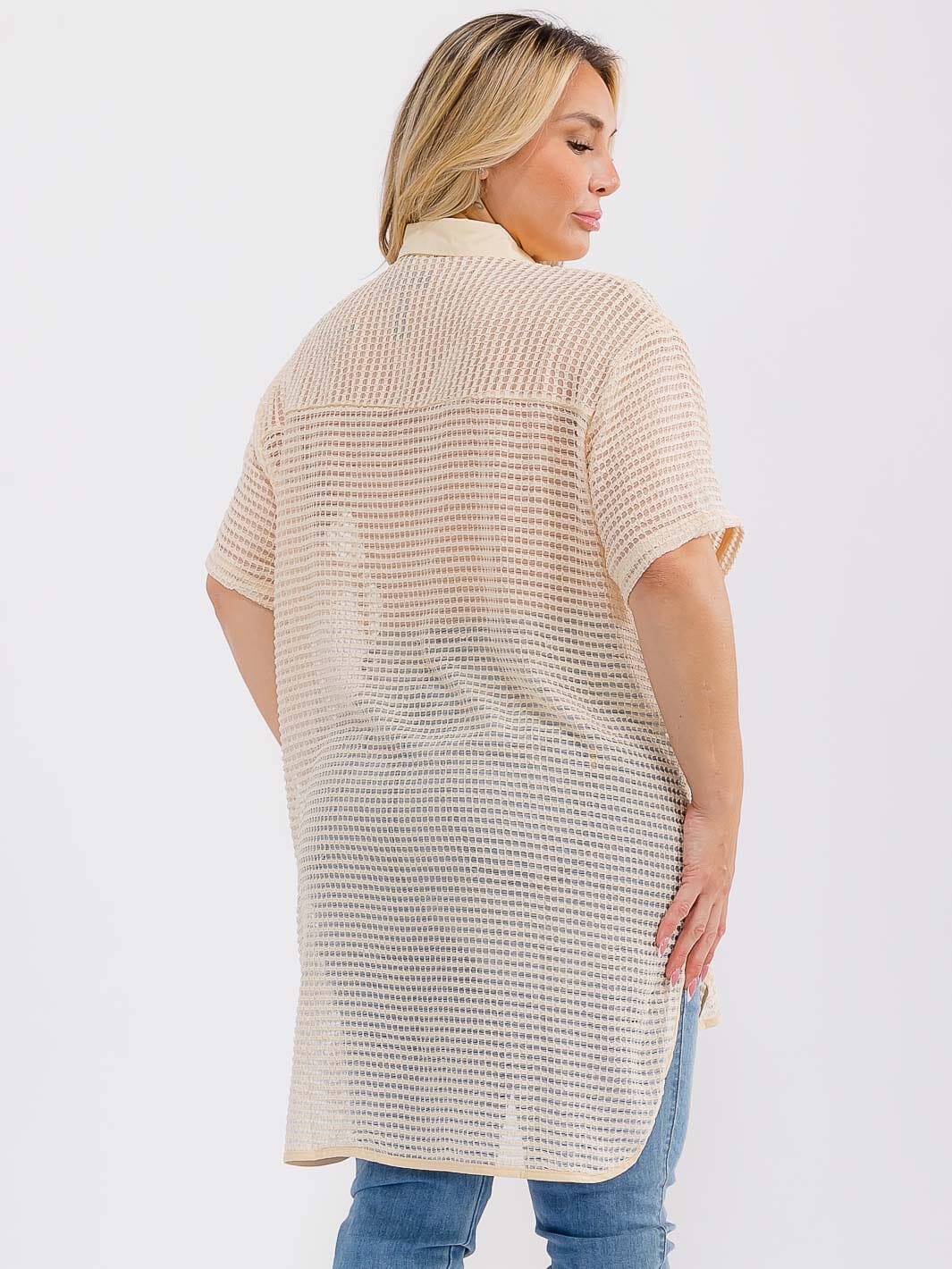 PLUS SIZE SHORT SLEEVE BUTTON UP FRONT POCKET HIGH-LOW LOOSE FIT TOP