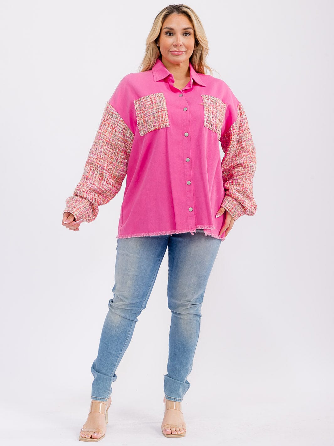 PLUS SIZE LONG SLEEVE BUTTON CLOSURE FRONT POCKETS CONTRAST JACKET