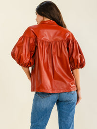 ENTRO WOMEN'S SHORT PUFF SLEEVE BUTTON UP PU PLEATHER BLOUSE