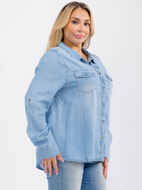PLUS SIZE LONG SLEEVE BUTTON UP FRONT POCKETS WASHED CHAMBRAY TOP