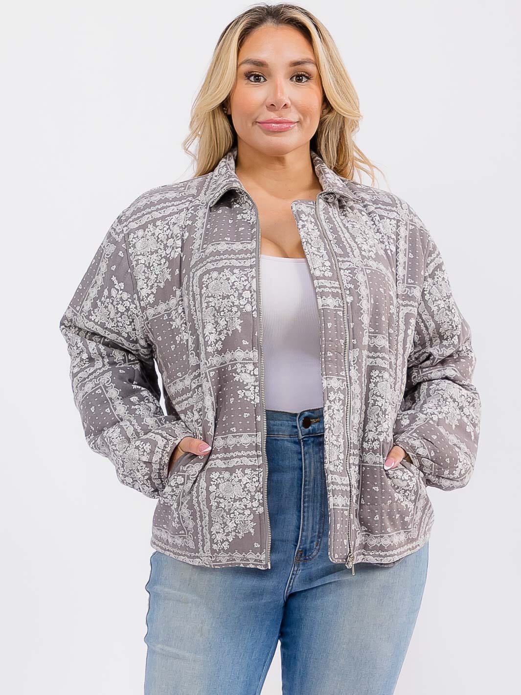 PLUS SIZE LONG SLEEVE ZIPPER CLOSURE FRONT POCKETS BANDANA PRINT JACKET