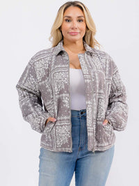 PLUS SIZE LONG SLEEVE ZIPPER CLOSURE FRONT POCKETS BANDANA PRINT JACKET