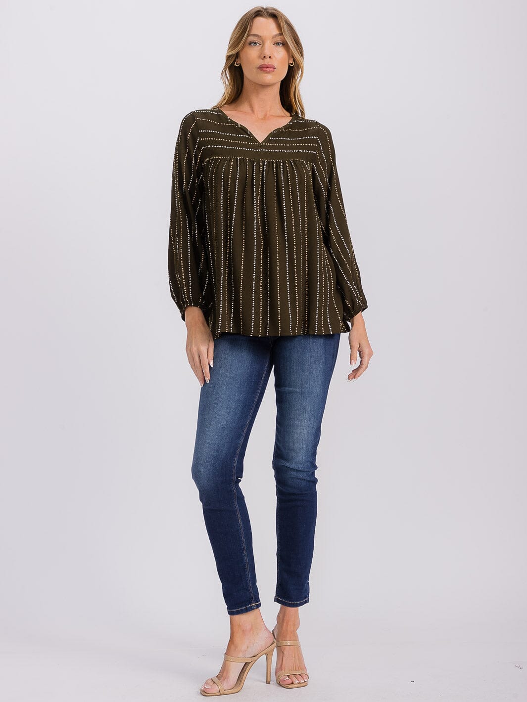 WOMEN'S LONG SLEEVE V-NECK STRIPES TUNIC BLOUSE