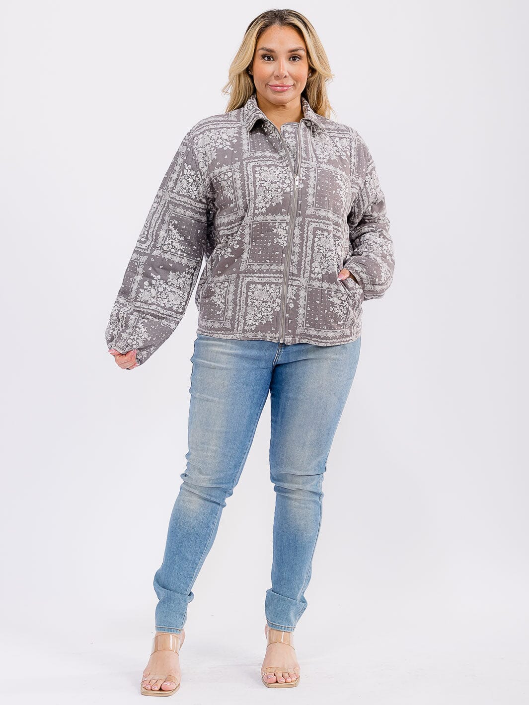 PLUS SIZE LONG SLEEVE ZIPPER CLOSURE FRONT POCKETS BANDANA PRINT JACKET