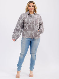 PLUS SIZE LONG SLEEVE ZIPPER CLOSURE FRONT POCKETS BANDANA PRINT JACKET