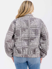 PLUS SIZE LONG SLEEVE ZIPPER CLOSURE FRONT POCKETS BANDANA PRINT JACKET