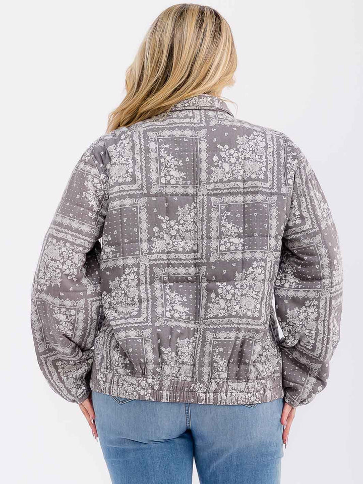PLUS SIZE LONG SLEEVE ZIPPER CLOSURE FRONT POCKETS BANDANA PRINT JACKET