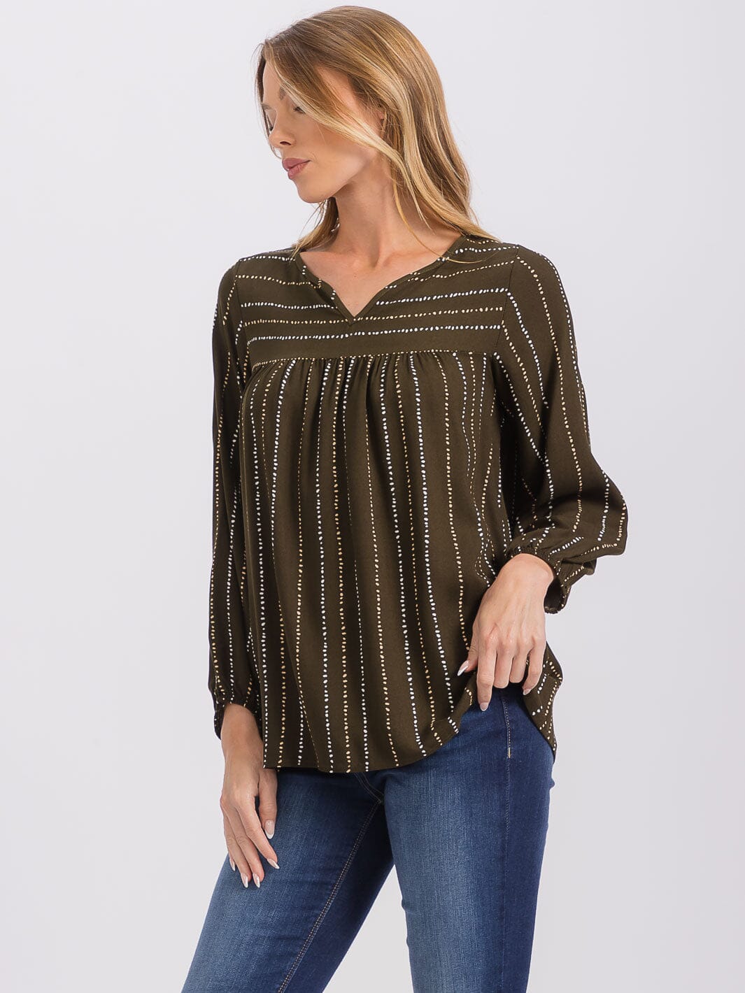 WOMEN'S LONG SLEEVE V-NECK STRIPES TUNIC BLOUSE