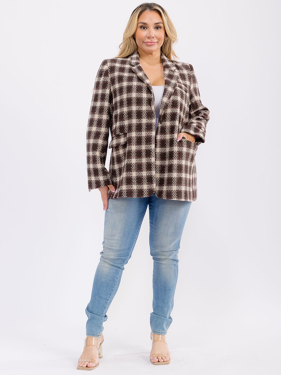 PLUS SIZE LONG SLEEVE BUTTON CLOSURE FRONT POCKETS PLAID JACKET