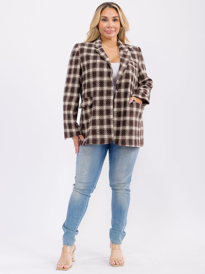 PLUS SIZE LONG SLEEVE BUTTON CLOSURE FRONT POCKETS PLAID JACKET