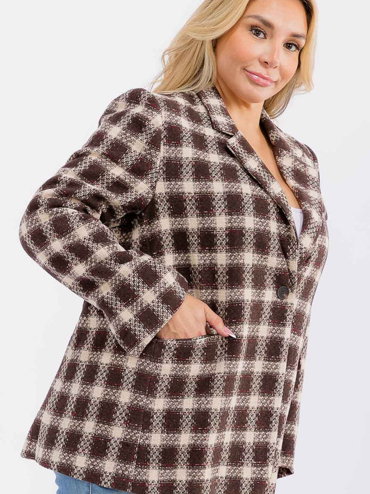 PLUS SIZE LONG SLEEVE BUTTON CLOSURE FRONT POCKETS PLAID JACKET