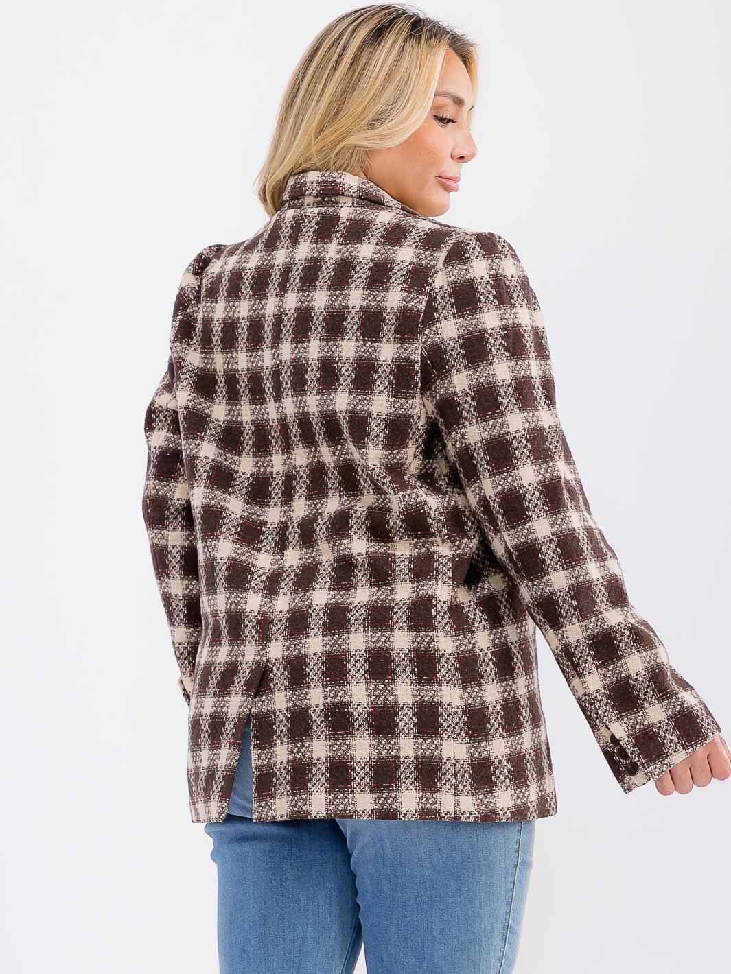 PLUS SIZE LONG SLEEVE BUTTON CLOSURE FRONT POCKETS PLAID JACKET