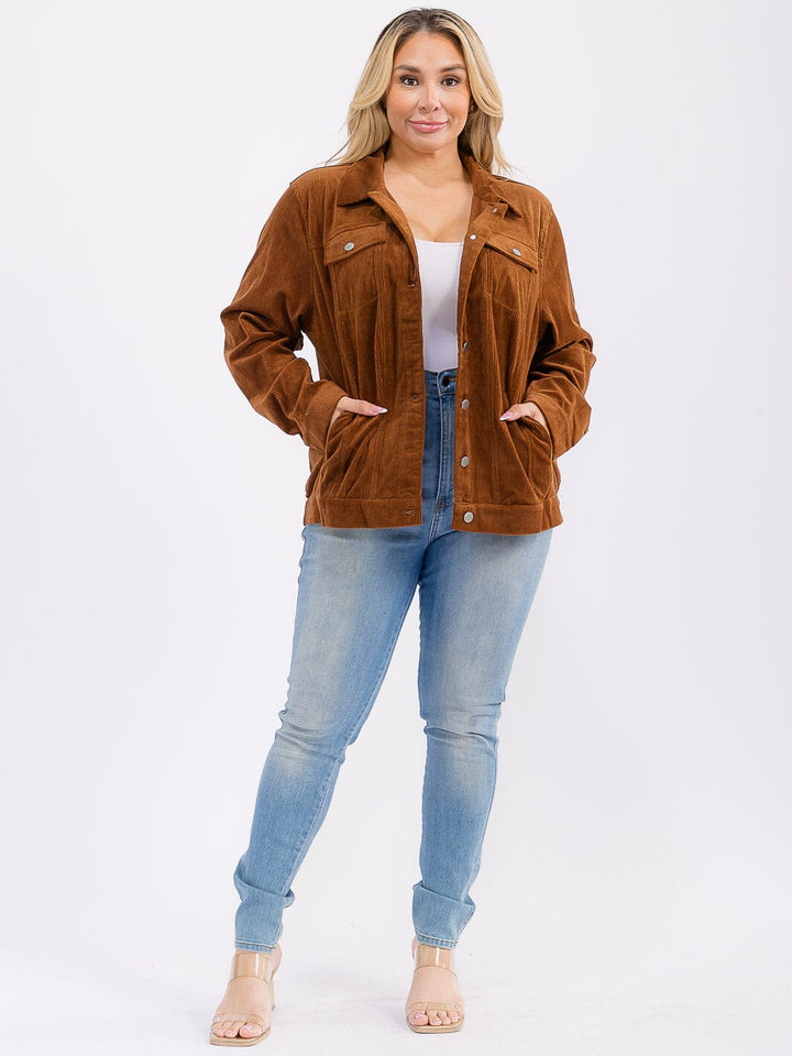 PLUS SIZE LONG SLEEVE BUTTON CLOSURE POCKETS BACK DETAILED CORDUROY JACKET