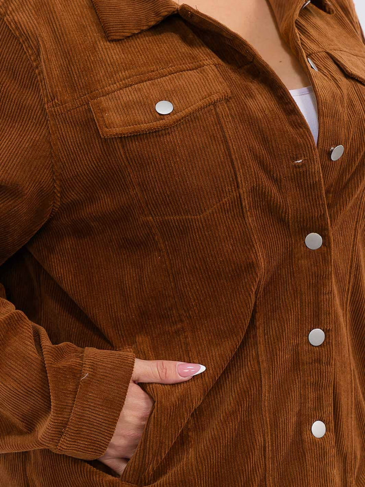 PLUS SIZE LONG SLEEVE BUTTON CLOSURE POCKETS BACK DETAILED CORDUROY JACKET