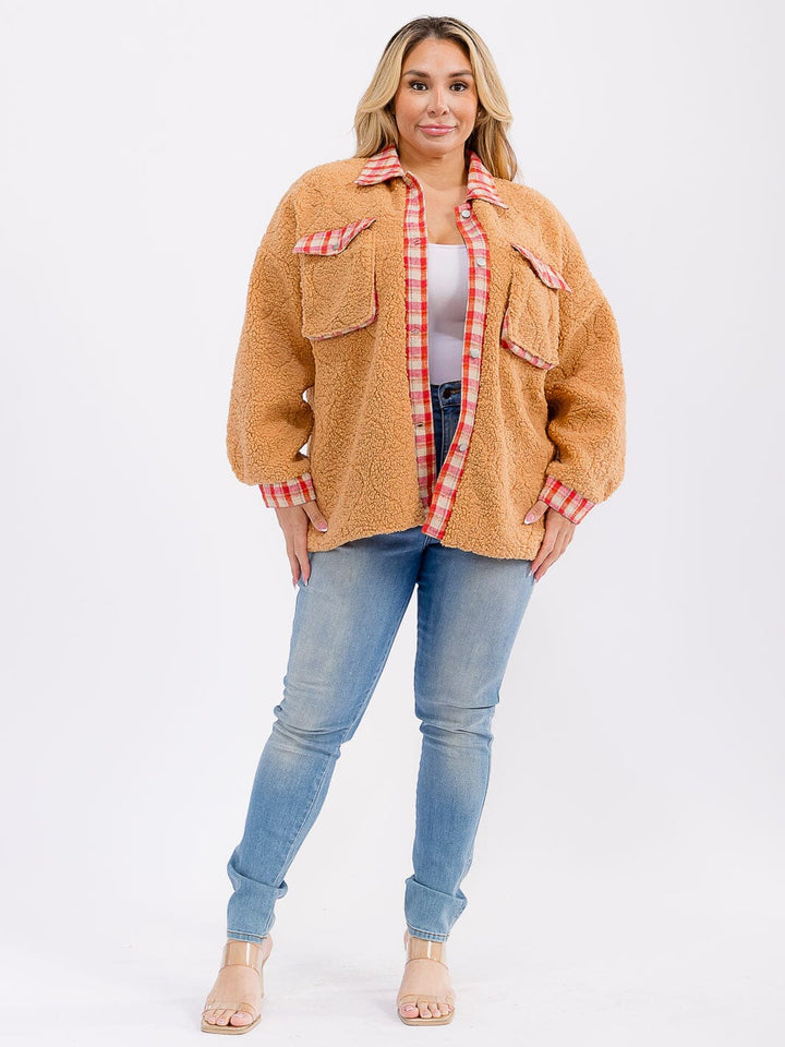PLUS SIZE LONG SLEEVE BUTTON CLOSURE FRONT POCKETS PLAID SHERPA JACKET