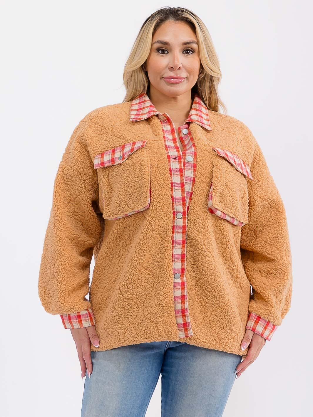 PLUS SIZE LONG SLEEVE BUTTON CLOSURE FRONT POCKETS PLAID SHERPA JACKET