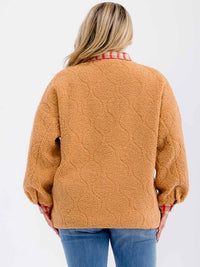 PLUS SIZE LONG SLEEVE BUTTON CLOSURE FRONT POCKETS PLAID SHERPA JACKET