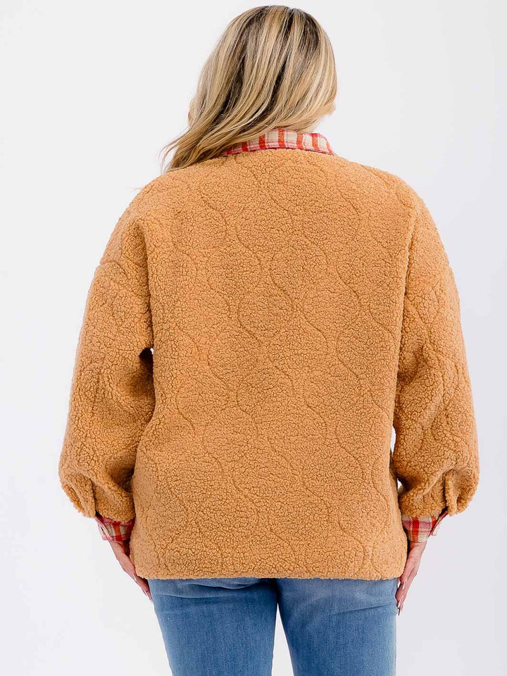 PLUS SIZE LONG SLEEVE BUTTON CLOSURE FRONT POCKETS PLAID SHERPA JACKET