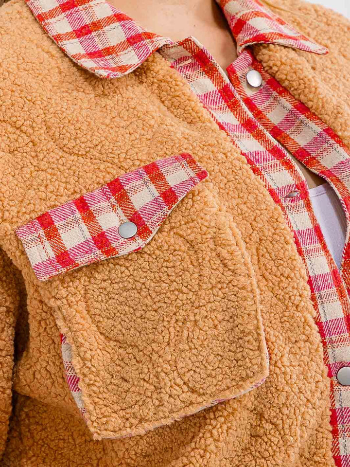 PLUS SIZE LONG SLEEVE BUTTON CLOSURE FRONT POCKETS PLAID SHERPA JACKET