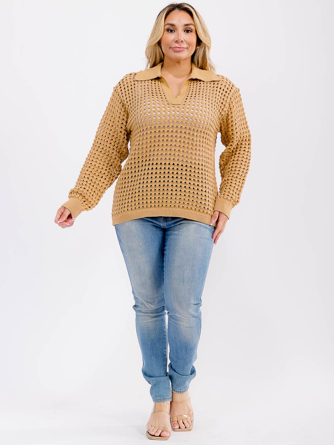 PLUS SIZE LONG SLEEVE V-NECK LOOSE FIT KNIT TOP