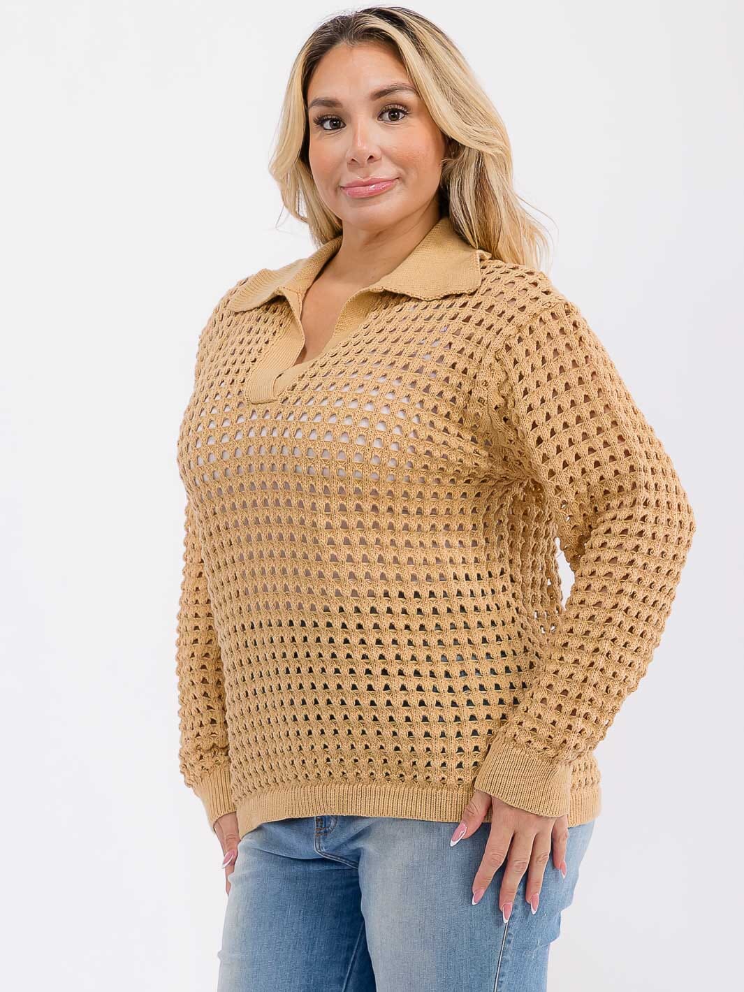 PLUS SIZE LONG SLEEVE V-NECK LOOSE FIT KNIT TOP