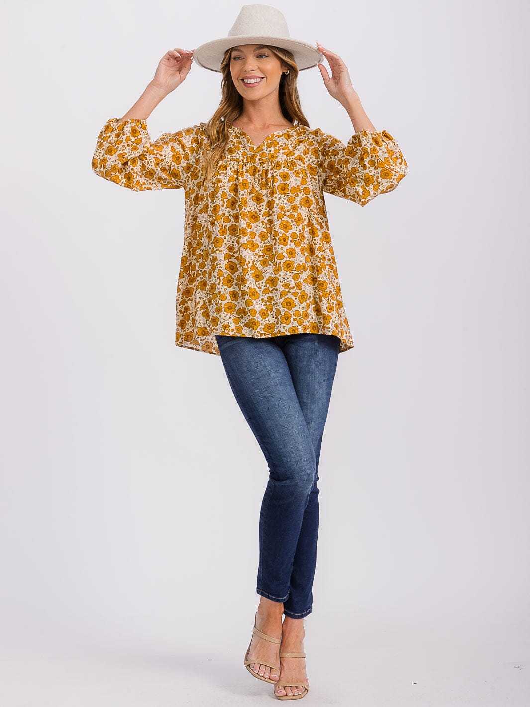 WOMEN'S LONG SLEEVE V-NECK FLORAL TUNIC BLOUSE