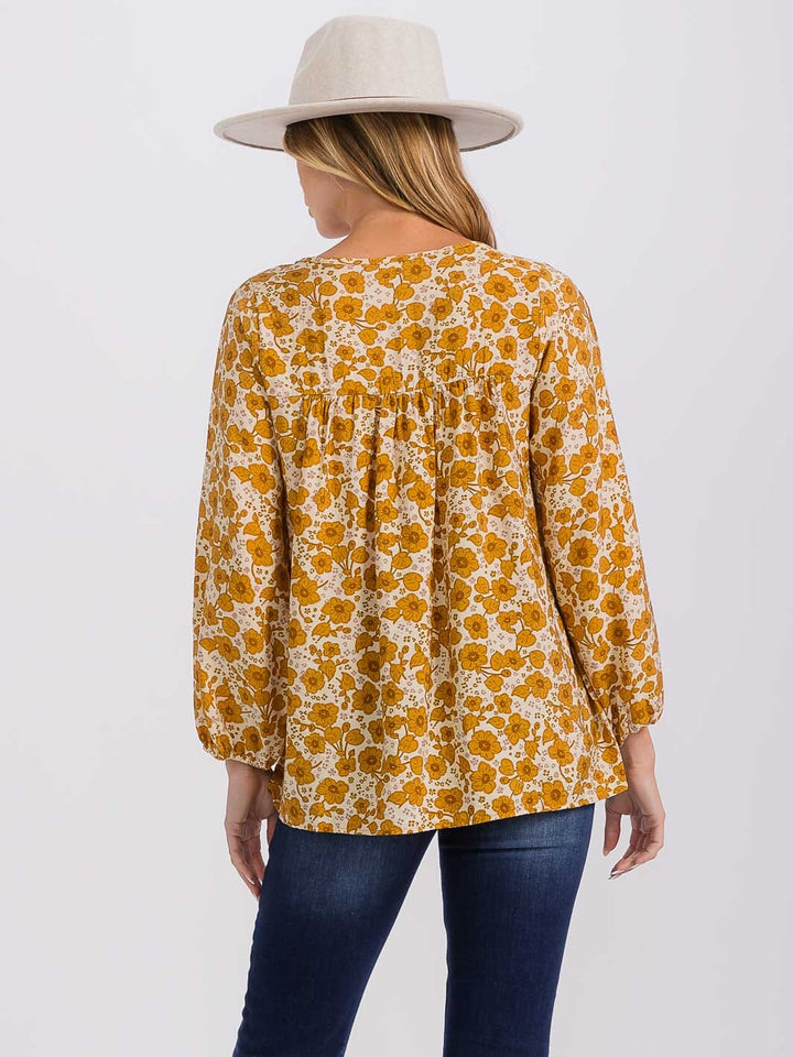 WOMEN'S LONG SLEEVE V-NECK FLORAL TUNIC BLOUSE