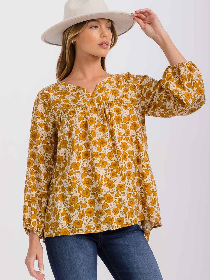 WOMEN'S LONG SLEEVE V-NECK FLORAL TUNIC BLOUSE