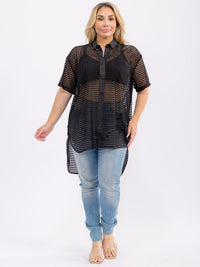 PLUS SIZE SHORT SLEEVE BUTTON UP FRONT POCKET HIGH-LOW LOOSE FIT TOP
